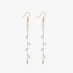 Willow - 18K Bejeweled Dainty Leaf-Shaped Natural Pearl Long Ear Danglers Drop Earrings