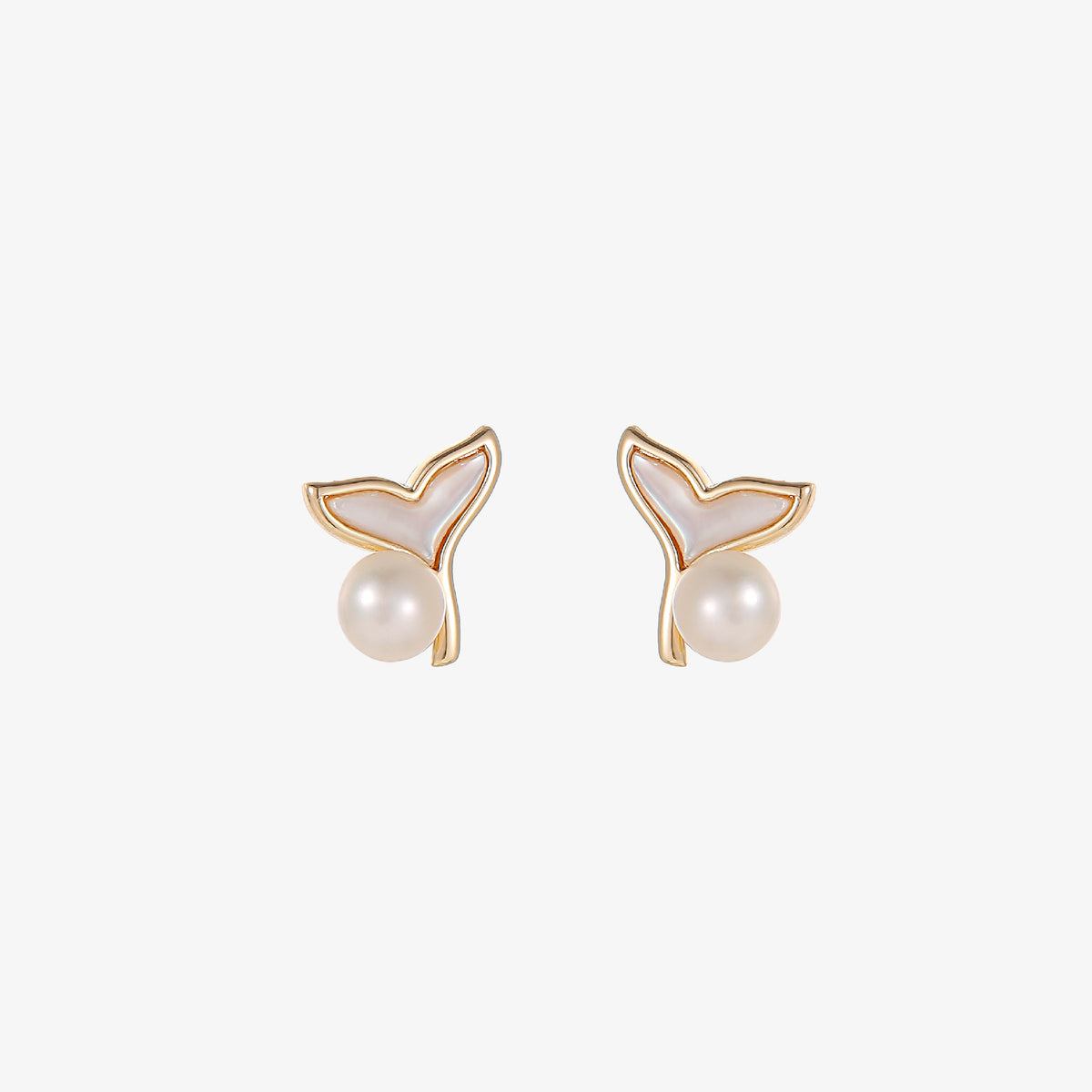 Mermaid - 18K Elegant Mermaid Tail Natural Pearl & Mother-of-Pearl Stud Earrings