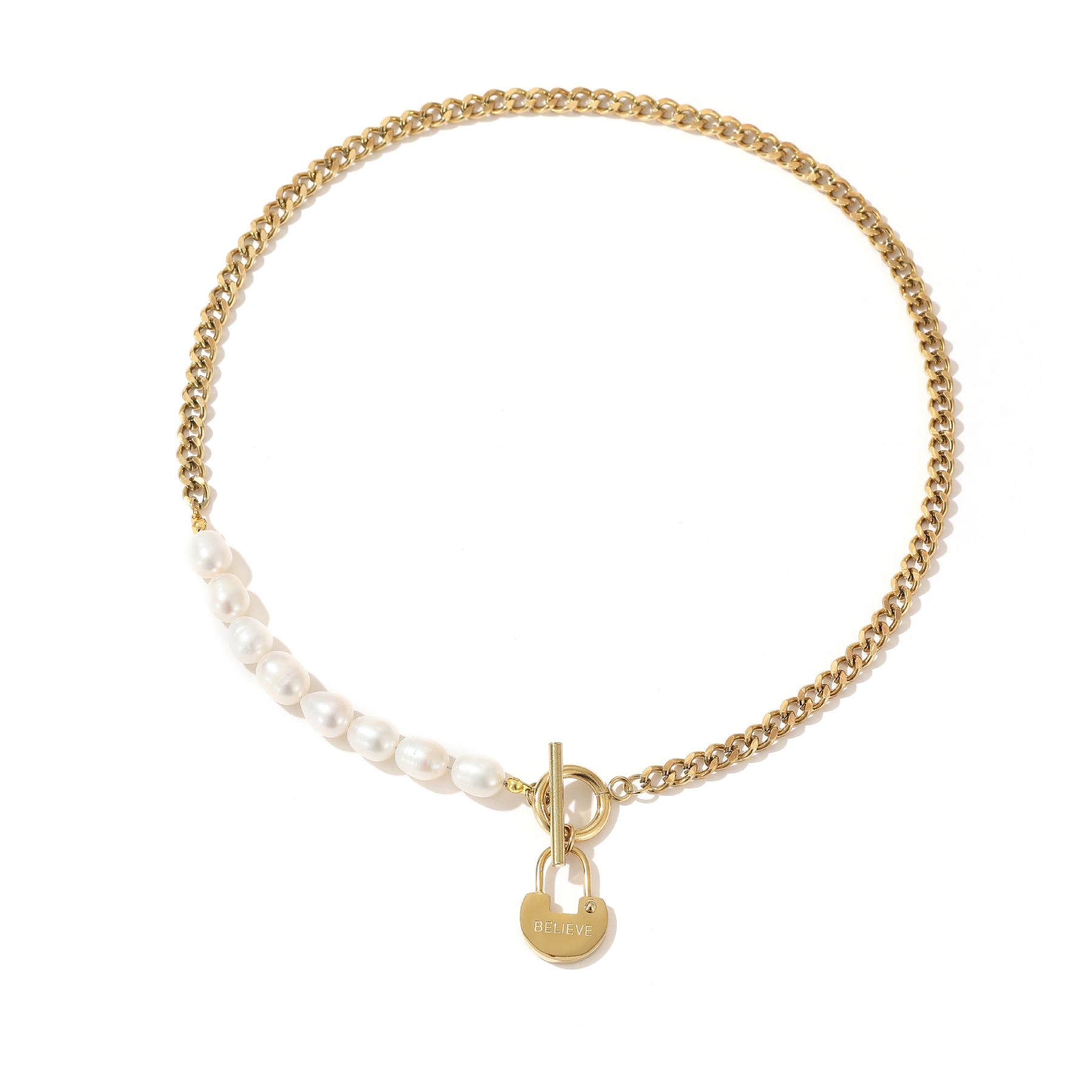 Belief - 14K Trendy Lock Pendant Natural Pearls Necklace