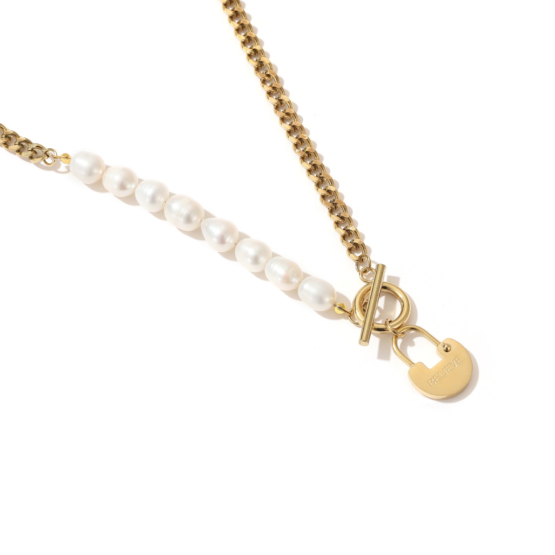 Belief - 14K Trendy Lock Pendant Natural Pearls Necklace