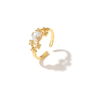 Marigold - 18K Exquisite Gold Foil Vintage Floral Natural Pearl Ring