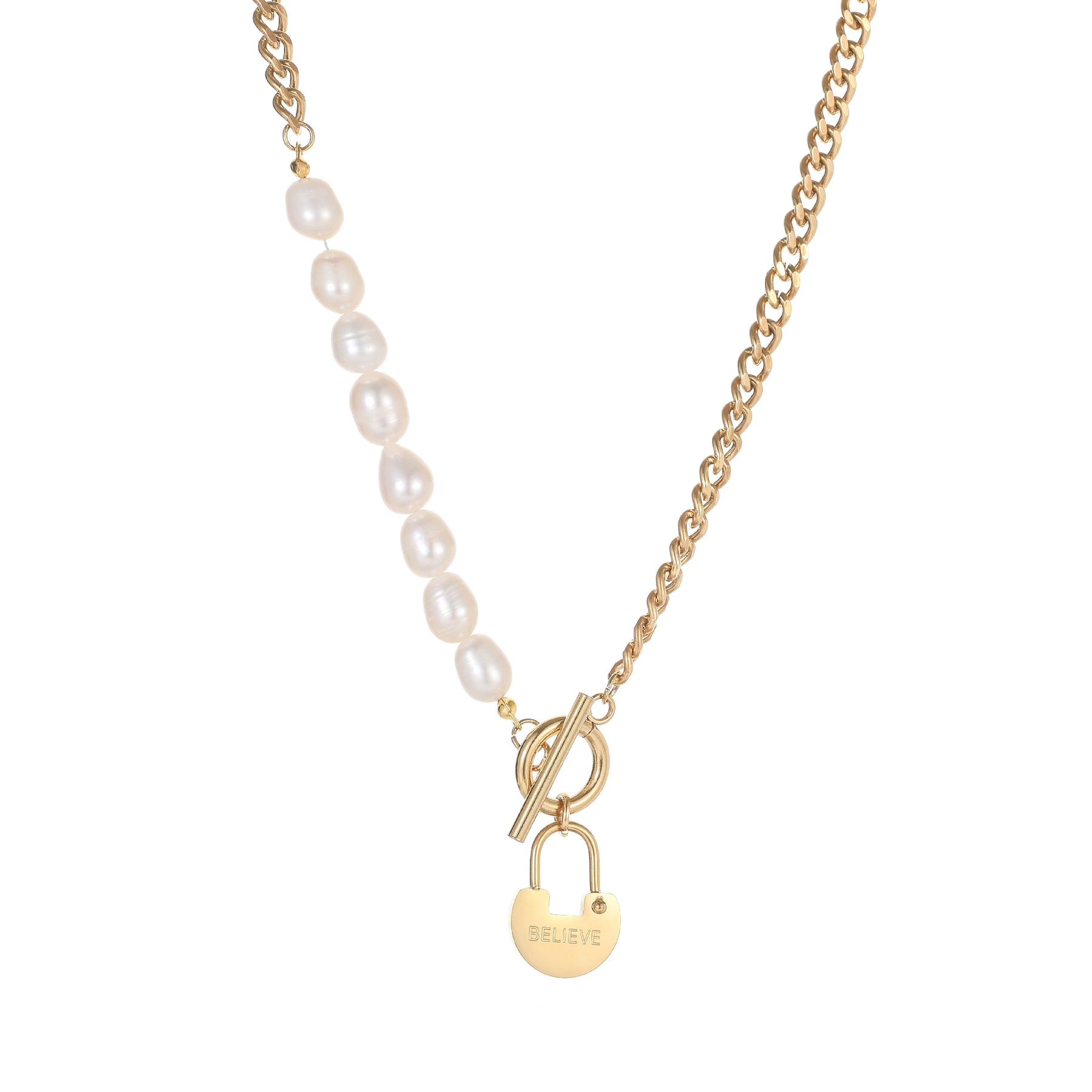 Belief - 14K Trendy Lock Pendant Natural Pearls Necklace