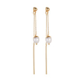 Fernande - 18K Chic Long Chain Natural Pearl Ear Danglers Earrings