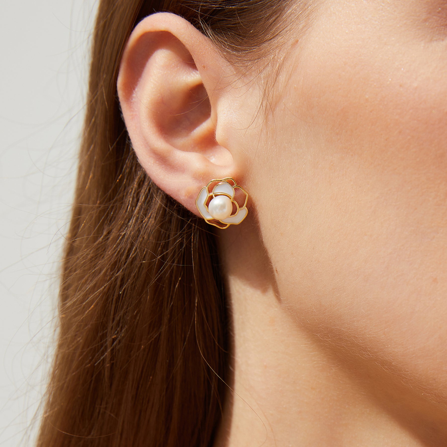 Rose - Gold-Filled Delicate Floral Natural Pearl & Mother-of-Pearl Stud Earrings