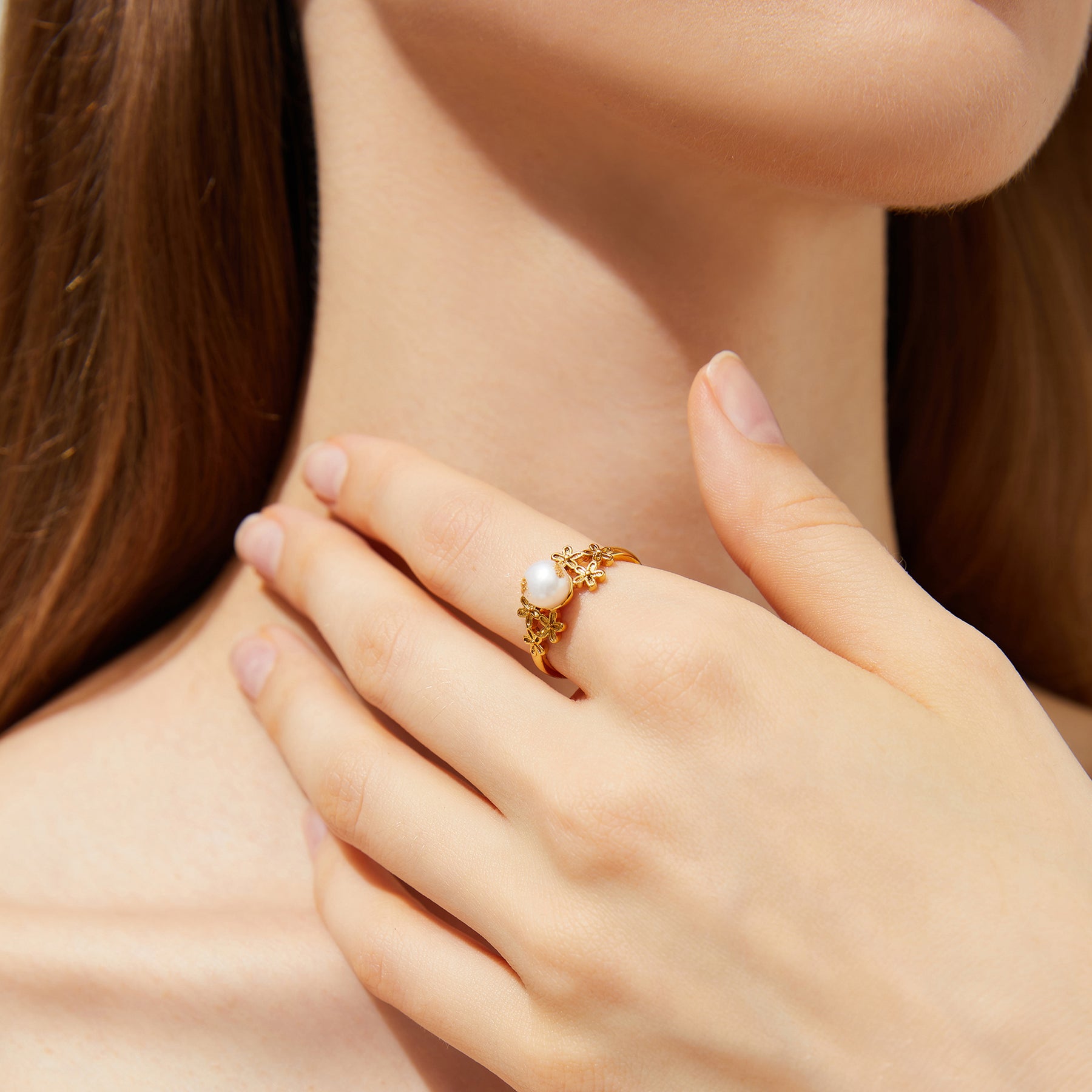 Marigold - 18K Exquisite Gold Foil Vintage Floral Natural Pearl Ring