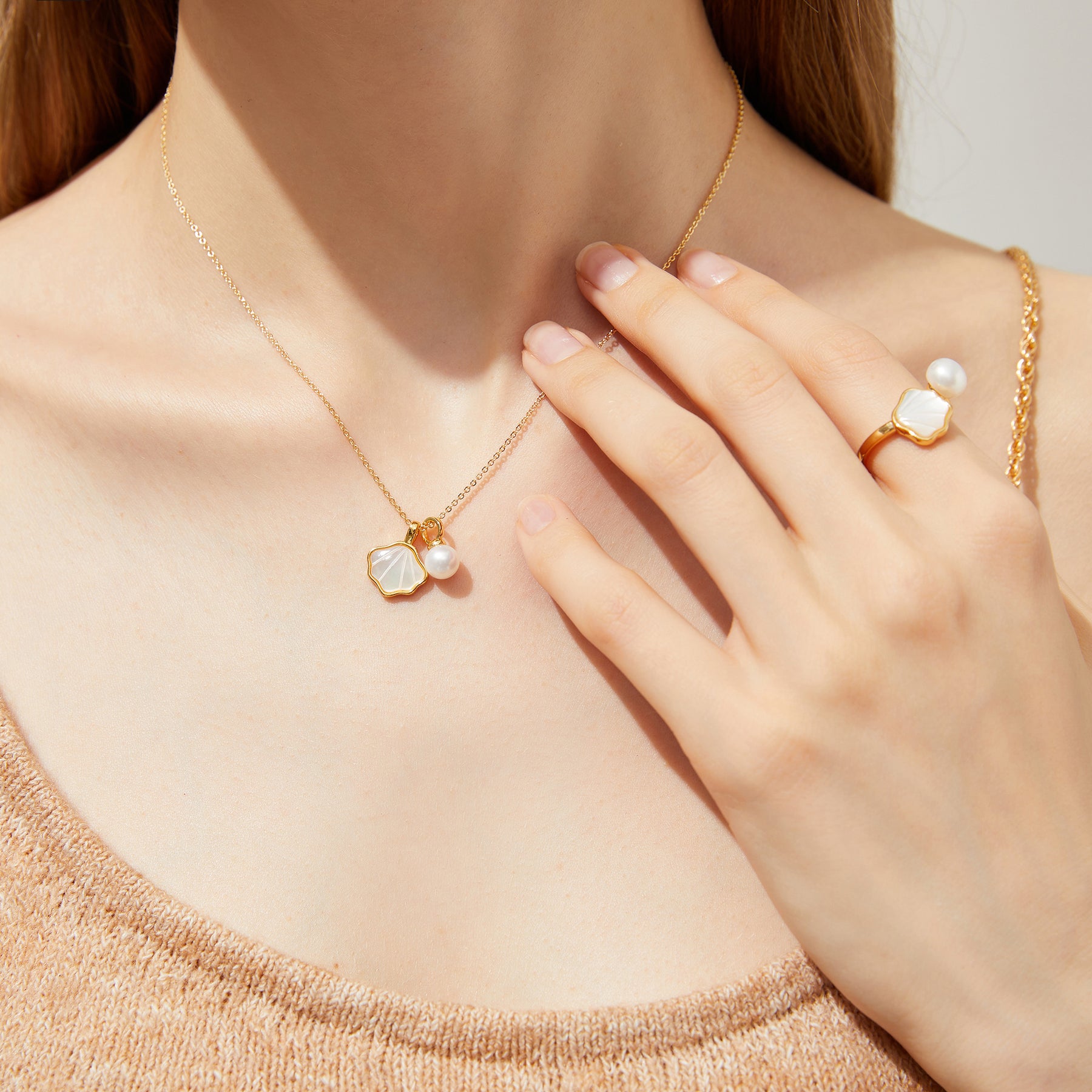 Océane - 18K Shell Shaped Natural Pearl & Mother-of-Pearl Earrings & Necklace & Ring Jewelry Set