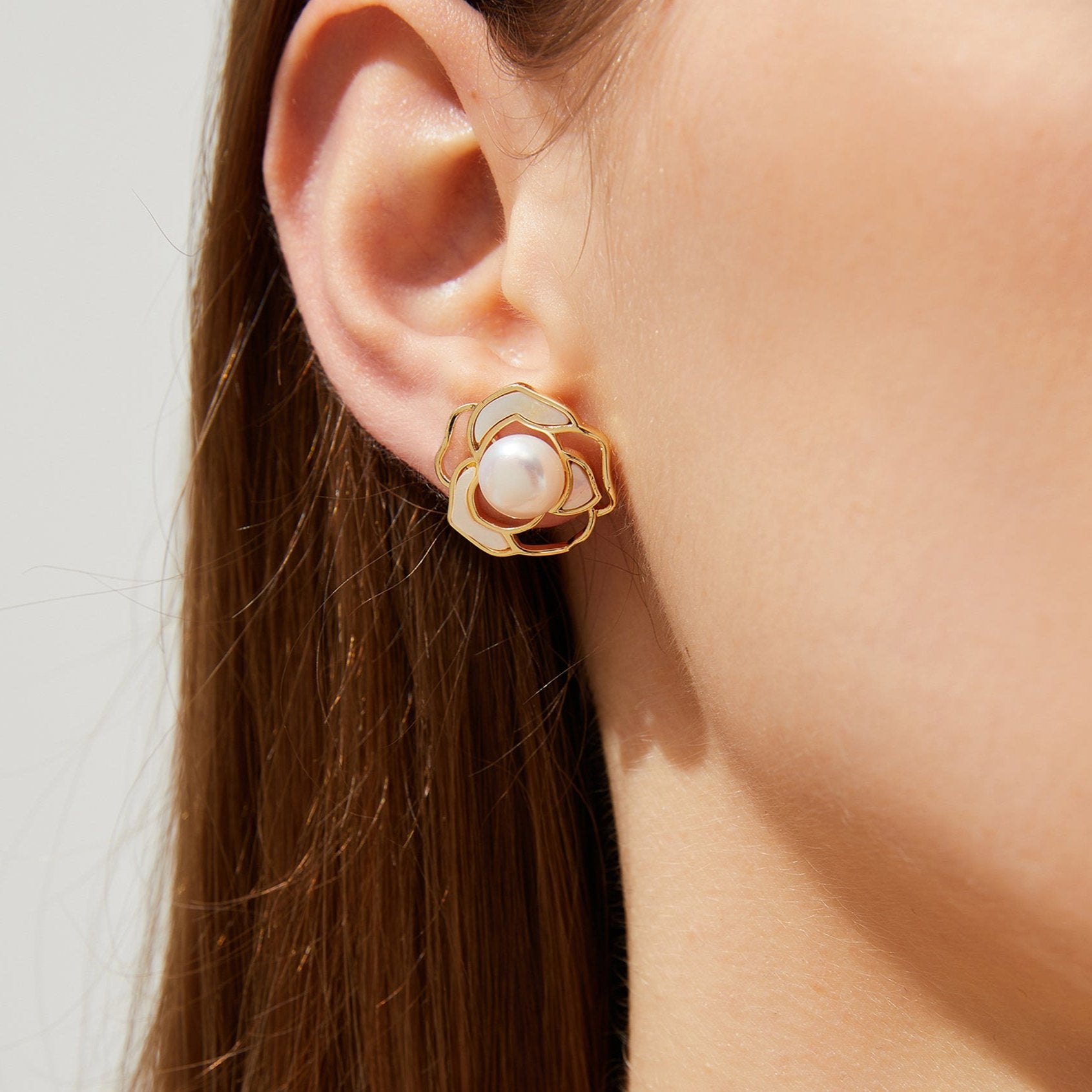 Rose - Gold-Filled Delicate Floral Natural Pearl & Mother-of-Pearl Stud Earrings