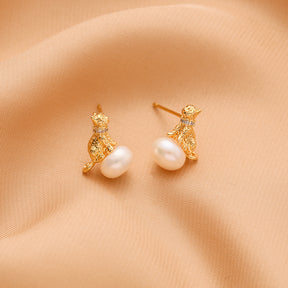 Chaton - 18K Lovely Cat Bejeweled Natural Pearl Stud Earrings