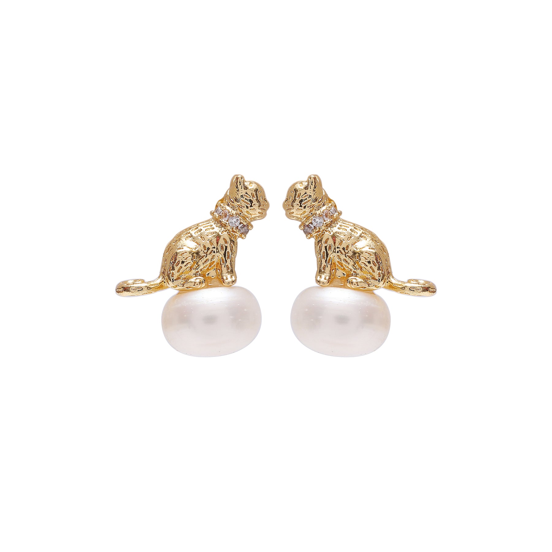 Chaton - 18K Lovely Cat Bejeweled Natural Pearl Stud Earrings