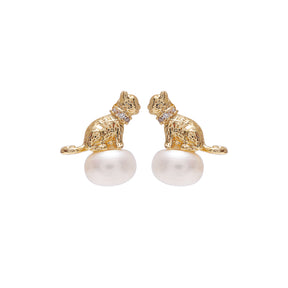 Chaton - 18K Lovely Cat Bejeweled Natural Pearl Stud Earrings